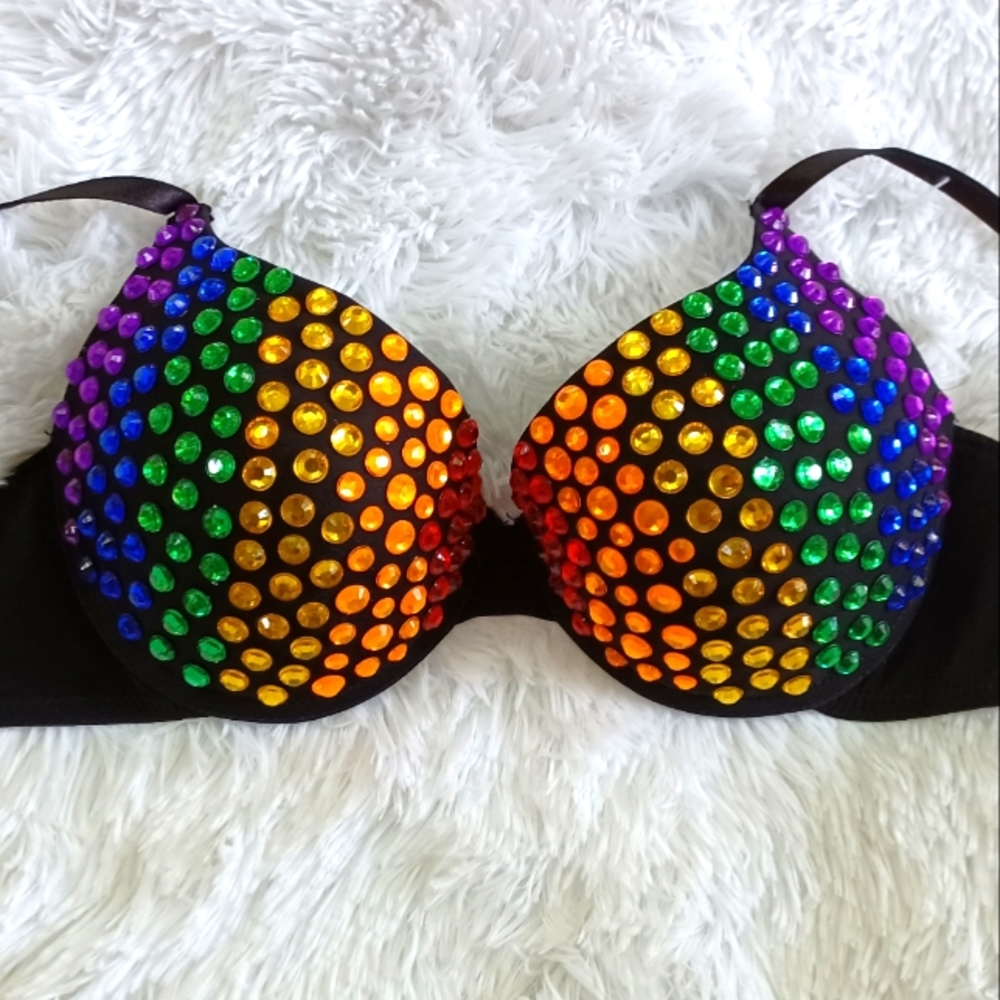Gay Pride Rainbow Black Bra with  Rhinestones